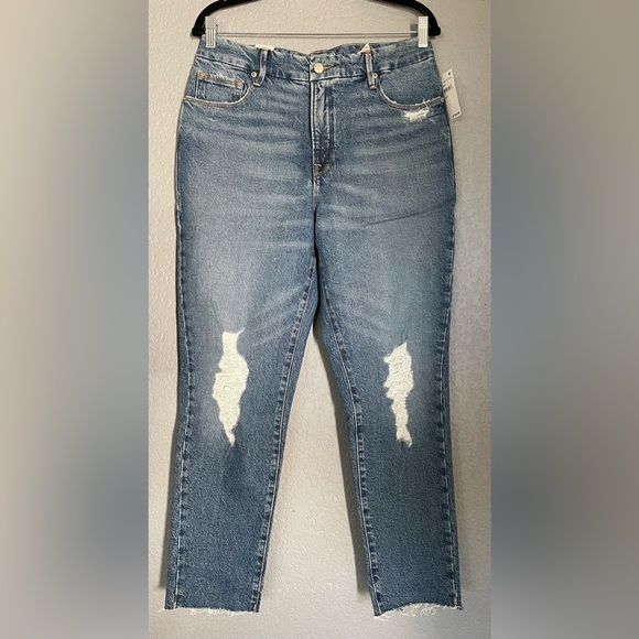 NWT Good American The Weekender High Rise Loose Fit Raw Hem Distressed Blue - Picture 7 of 8